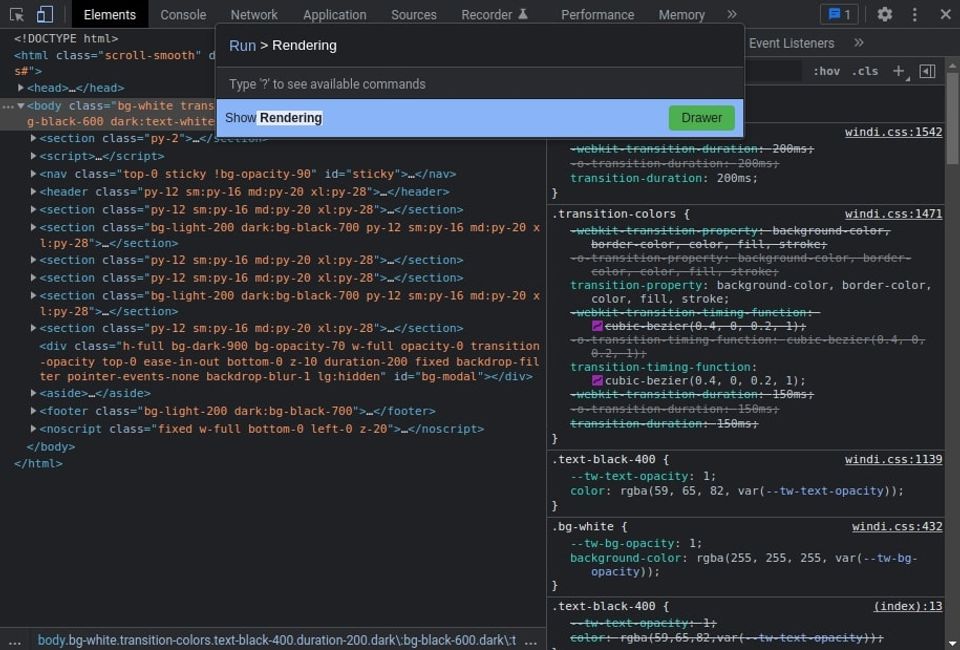 Búscando la opción Rendering en las DevTools